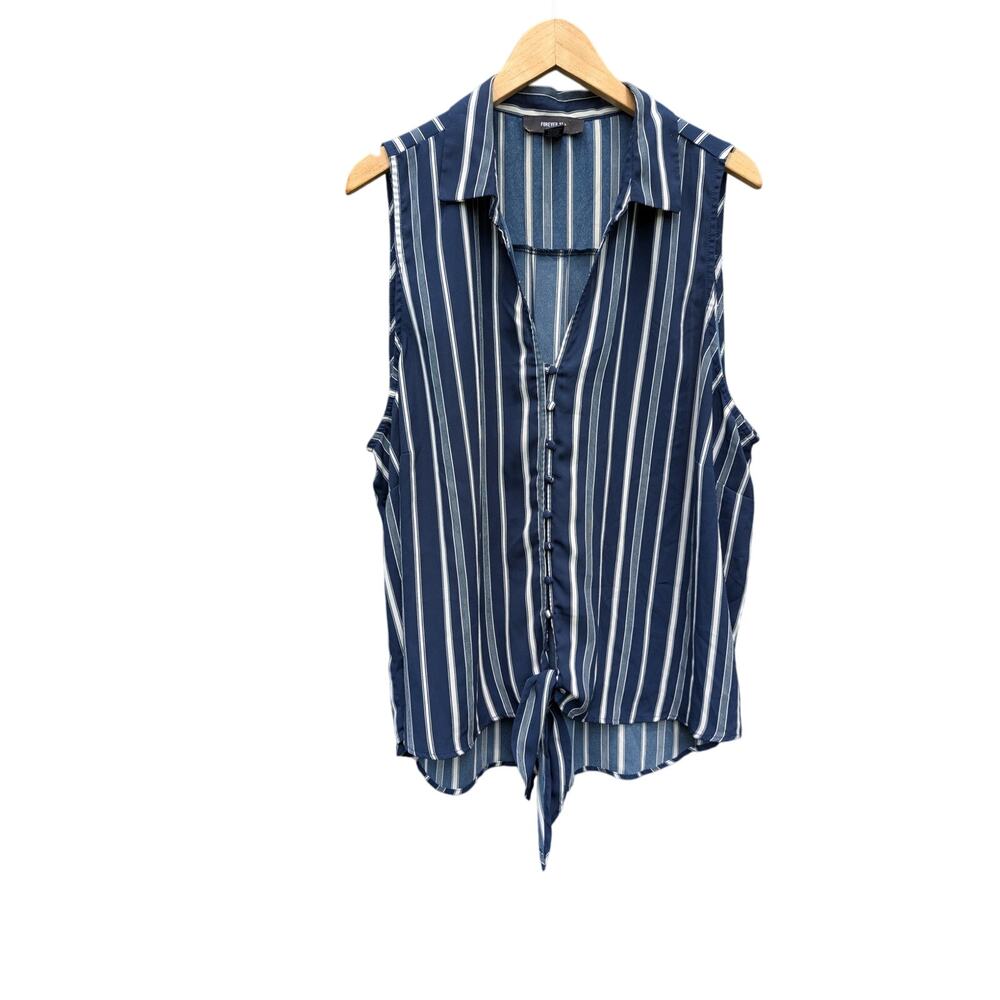 Plus Size 3X blue white stripes sleeveless twist front blouse button office work